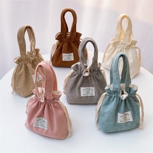 Custom Logo Mini Cotton Picnic Storage Corduroy Drawstring Lunch Tote Bags Handbag